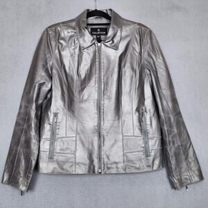 B Collection Jacket Womens XL Silver Genuine Leather Full Zip Lined Moto